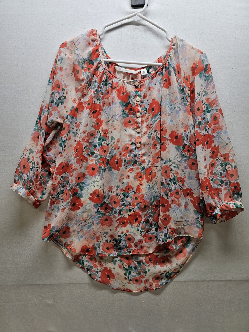 Lauren Conrad Coral Poppy Print 3/4 Sleeve Blouse M Feminine Romantic Bohemian